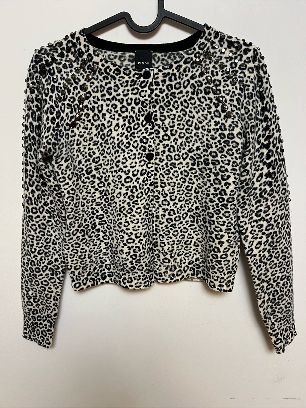 PINKO Leopard Print 100% Wool Crystal Embellished Cardigan XS